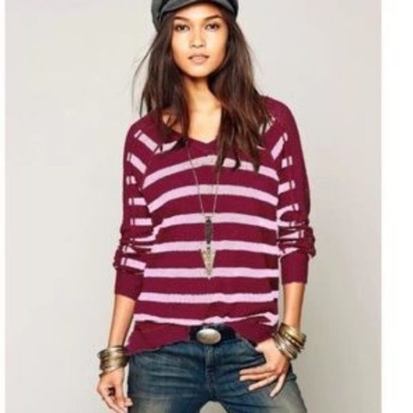 We The Free Fluffy Swit Pullover Maroon Striped Oversized Slouchy Sweater Size M - Picture 2 of 9